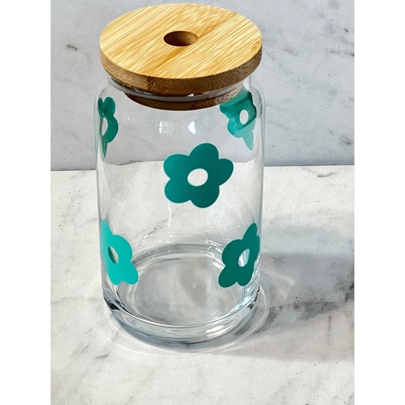 16 oz Glass Beer Can Aqua Flower Cold Brew Cup - Picture 8 of 8